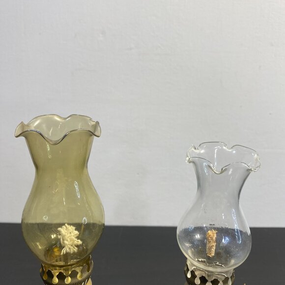 Vintage brown glass decorative jar style oil lamps, ruffle dark honey yellow. - Picture 4 of 10
